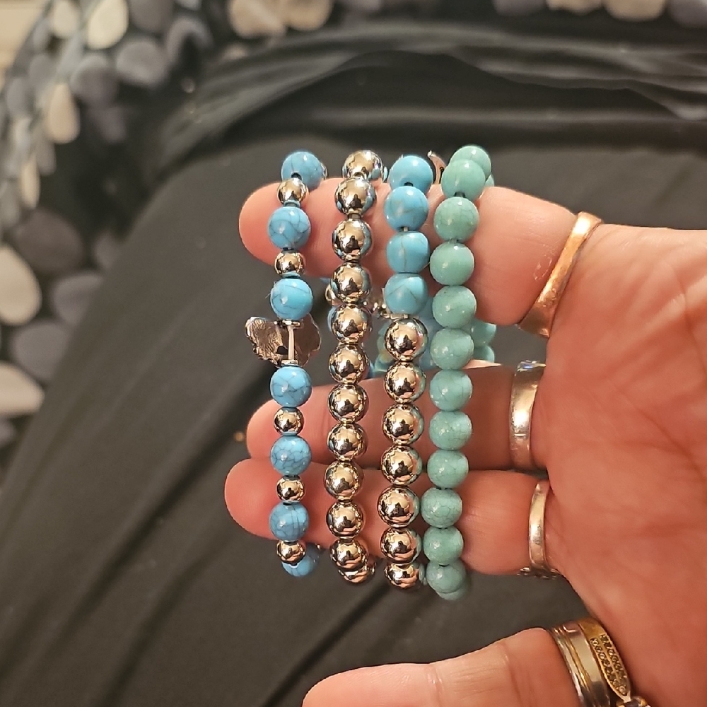 Silver and Turquoise Beaded Bracelet Set